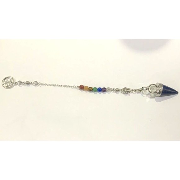 Lapis Lazuli Pendulum 7 Chakra Crystal Gemstones Buddha Face Om Handle - Picture 4 of 5